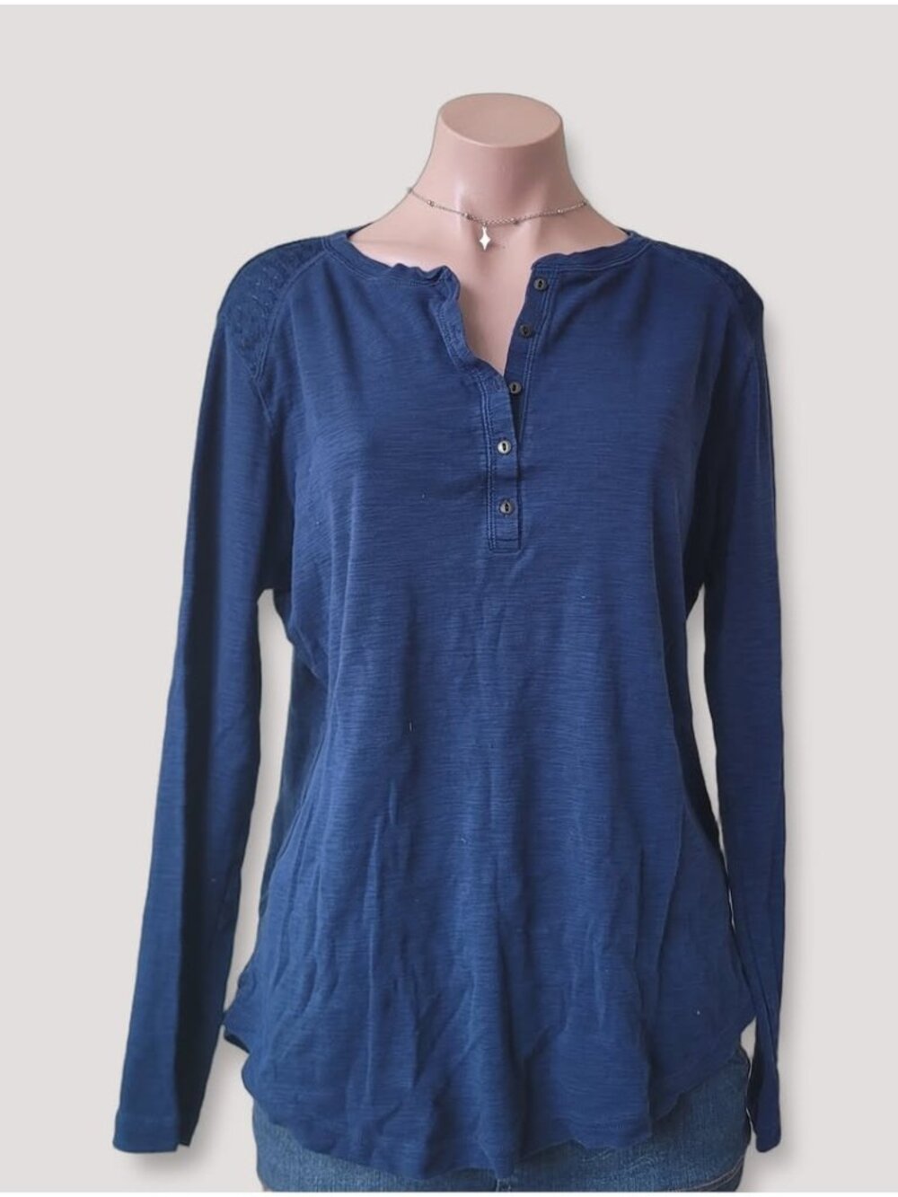 Bleu Gray Navy Lace Henley Long Sleeve Top Floral Detail XXL